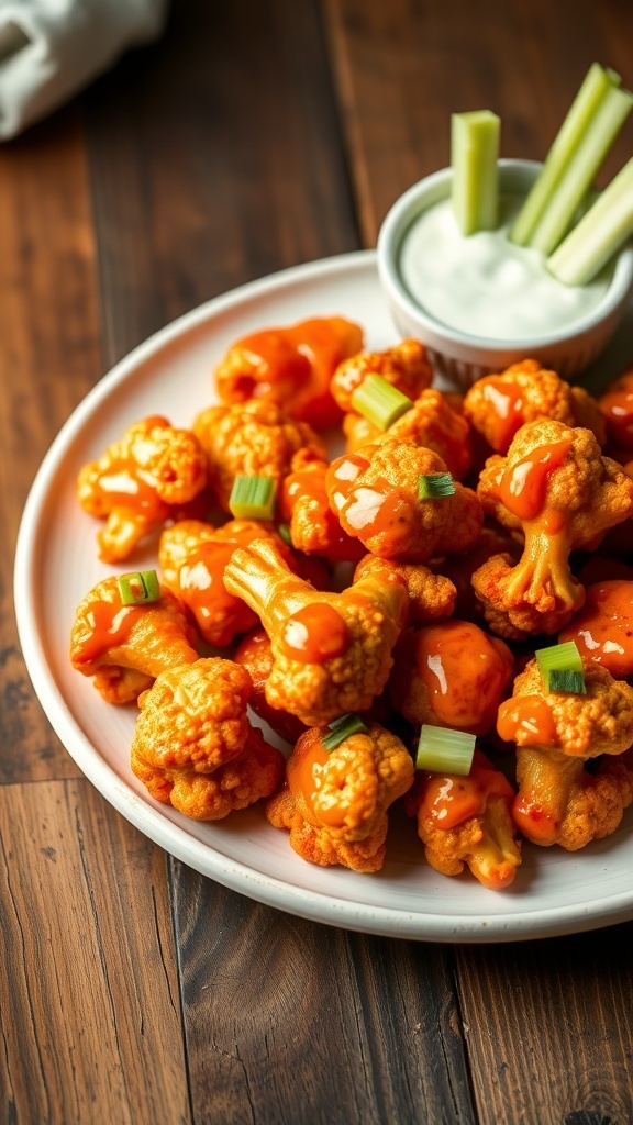 Crispy Air Fryer Cauliflower Wings Recipe Crispy buffalo cauliflower wings on a plate with celery and ranch dressing.